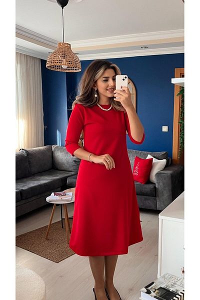 Modayakamoz Women's Long Sleeve Crew Neck Midi Imported Crepe Dress