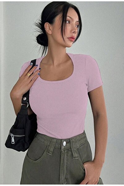 Rooted Γυναικείο μπλουζάκι και μπλούζα με ροζ τετράγωνο λαιμό, ύφασμα καμιζόλ...