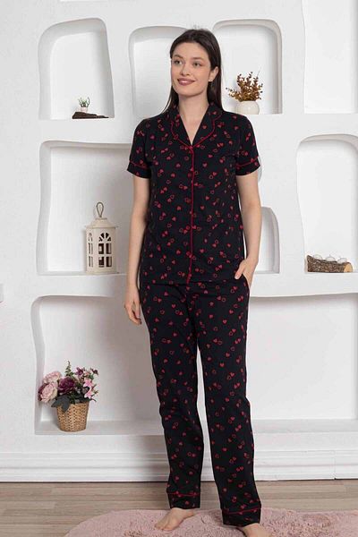 ALİMER Black Front Buttoned Heart Patterned Pajamas Set 2785Ky