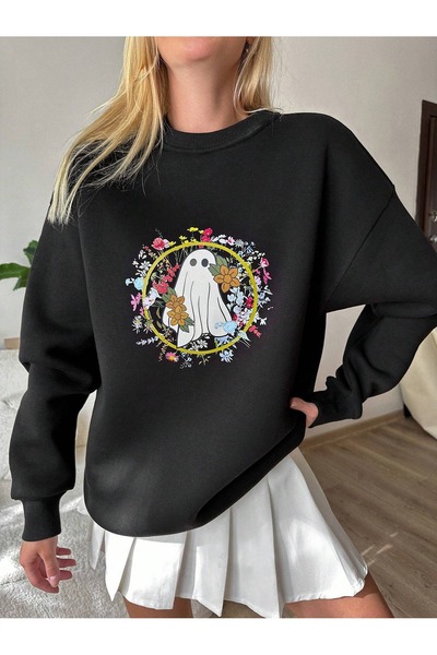 PALPİTO Ženska majica sa crnim cvetnim motivom Ghost Štampano okrugla kragna ...