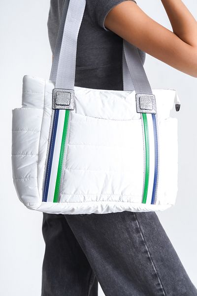 Moda Lime Geantă gonflabilă cu parașuta de dimensiuni mari pentru femei, cu fermoar și compartiment lateral, cu dungi, geantă de umăr zilnică