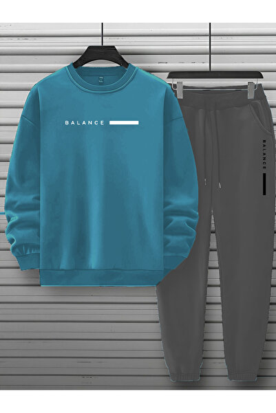 zeag Unisex Gray Crew Neck Tracksuit Set Balance Printed Tracksuit Set