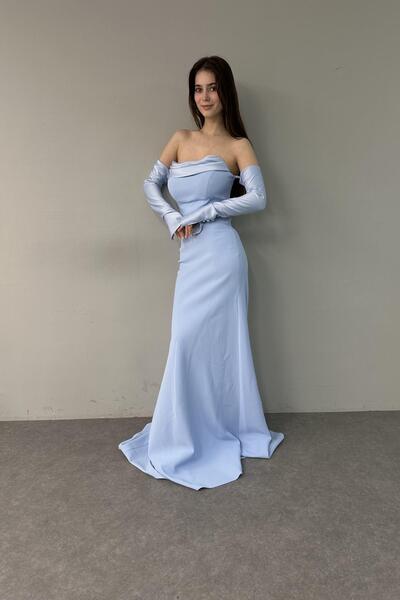 lizge giyim TAKMA KOL STRAPLEZ KREP ABİYE ELBİSE