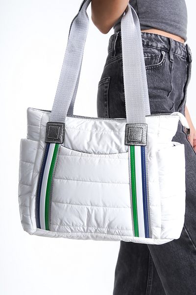 Moda Lime Geantă gonflabilă cu parașuta de dimensiuni mari pentru femei, cu fermoar și compartiment lateral, cu dungi, geantă de umăr zilnică