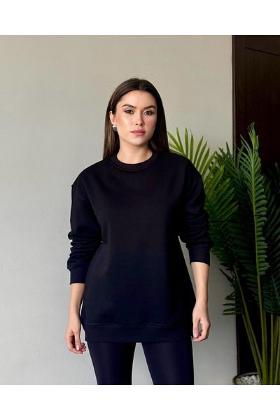 Butik Women's Black Crew Neck Basic Oversize Sweatshirt - Polor - Sweater