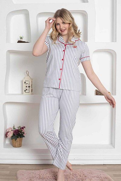 ALİMER Gray Striped Shirt Pajama Set 2568KY