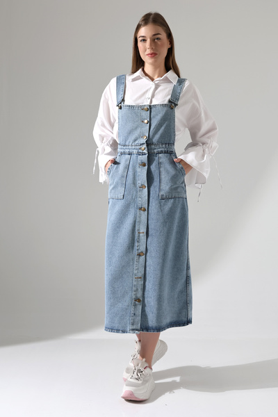 ensade Düğme Detaylı Denim Elbise