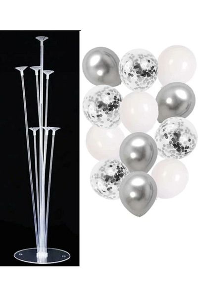 BALON DİYARI Balloon Land 7-Piece Balloon Stand and 12-Piece Balloon Set with Silver-White-Transparent Confetti
