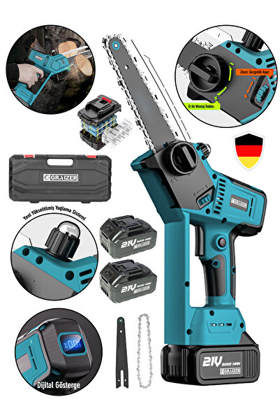 Graizer Alman 21 Vf 3000 Mah Dijital Şarj Göstergeli Şarjlı Akülü Dal Kesme B...