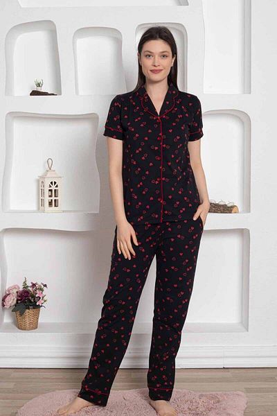 ALİMER Black Front Buttoned Heart Patterned Pajamas Set 2785Ky