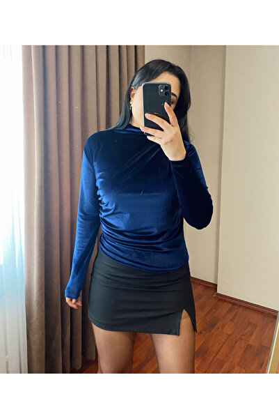MODA Kadın Premium ZR Model Boyun Ve Bel Drapel Kadife Saks Mavisi Bluz