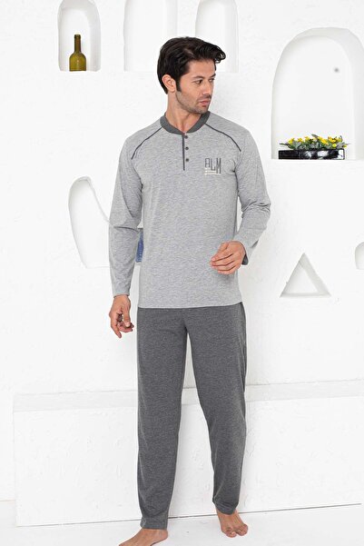 ALİMER Ανδρικό Σετ Πιτζάμες - Γκρι Κεντημένο Μακρυμάνικο Βαμβακερό Χτενισμένο 1187UY