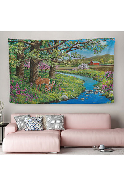 PAMUK'S DESİGN Akarsu Kenarındakı Ceylan ve Yavrusu Duvar Örtüsü-Halısı-6535