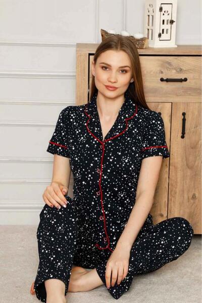 Genel Markalar Kadın Pijama Takımı - Yıldız Desenli Önden Düğmeli Kısa Kollu Penye 2536ky