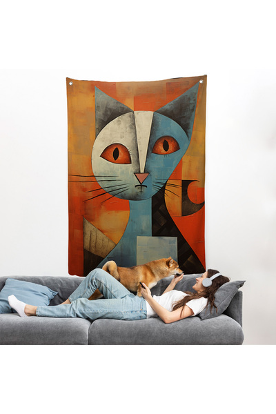 PAMUK'S DESİGN Pablo Picasso Tarzı - Soyut Renkli Kedi Duvar Örtüsü-7373