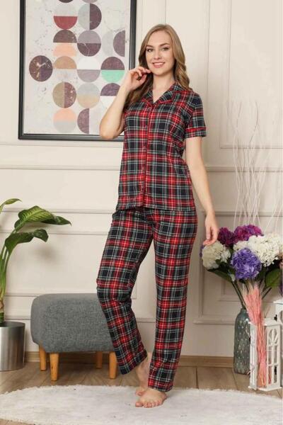 ALİMER Checkered Front Buttoned Short Sleeve Stretch Fabric Viscose Pajama Set 2523Ky