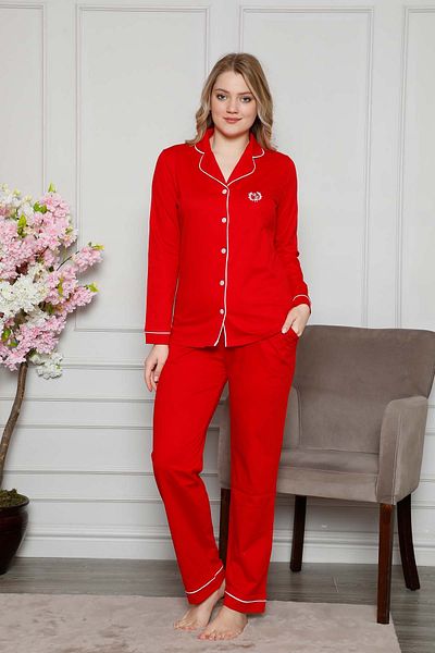 ALİMER Red Lycra Buttoned Front Long Sleeve Pajama Set 2577ukl