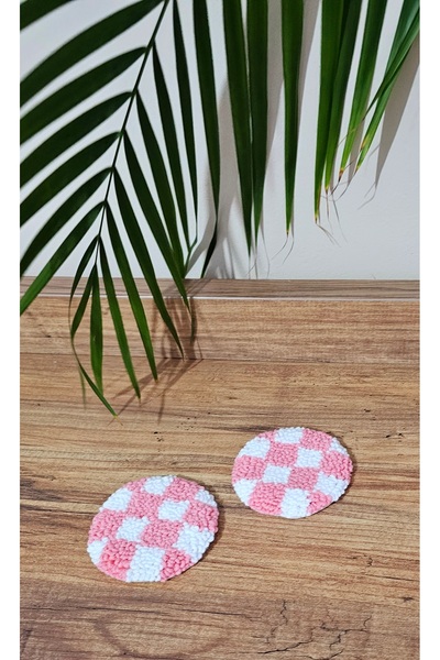 MAMS ACCESSORIES Punch Pembe Beyaz Damalı Araba Bardak Altlığı Punchneedle 2 ...