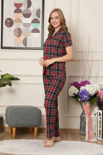 ALİMER Checkered Front Buttoned Short Sleeve Lycra Viscose Pajama Set 2523Ky