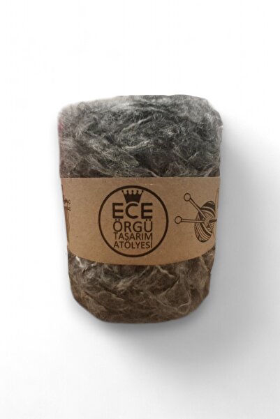 Ece Örgü Tasarım Atölyesi Gri Üzerine Siyah ve Krem Kırçıllı Moher Yün Örgü İpi