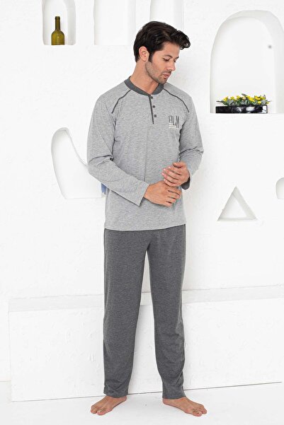 ALİMER Ανδρικό Σετ Πιτζάμες - Γκρι Κεντημένο Μακρυμάνικο Βαμβακερό Χτενισμένο 1187UY