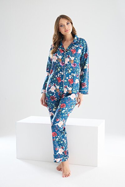 Miss Merveille Set pijamale pentru femei Perla Blue din satin de mătase cu modele florale 8002ms