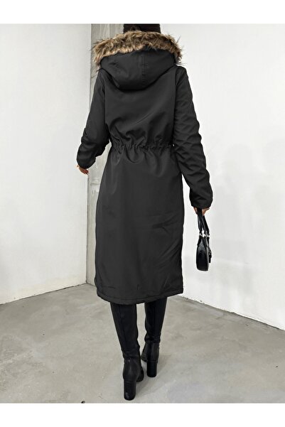 Modamorfo Plush Inside Fixed Hooded Tunnel Lace up Long Coat -Black