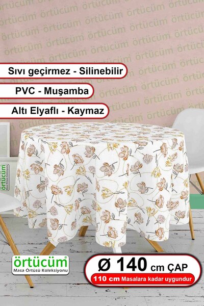 Örtücüm Yuvarlak Pvc Muşamba Astarlı Masa Örtüsü Gül Çiçek Desenli Silinebili...