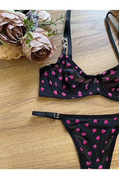 RUYAZ Set de lenjerie intimă pentru femei, cu inimă mov, cu accesorii metalice cu sârmă din dantelă