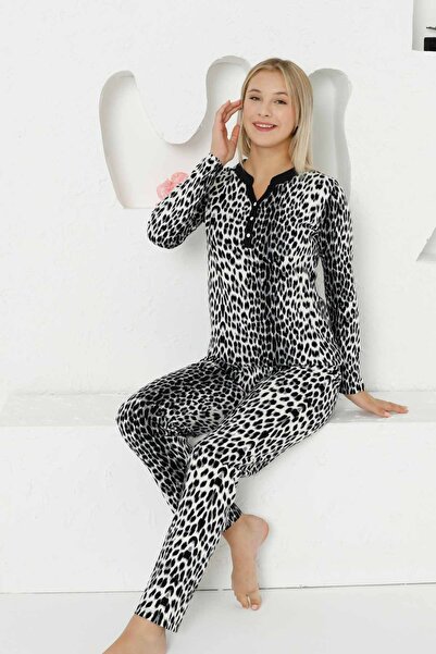ALİMER Gray Leopard Long Sleeve Pajama Set 2761Uk