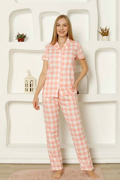 Miss Merveille Women's Plaid Front Button Pajama Set - Pink Short Sleeve Combed Cotton 2793Ky