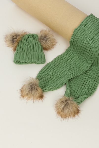 Lui Baby Unisex Çift Ponponlu Çocuk Atkı Bere Takımı