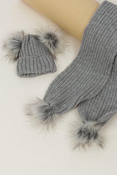 Lui Baby Unisex Çift Ponponlu Çocuk Atkı Bere Takımı