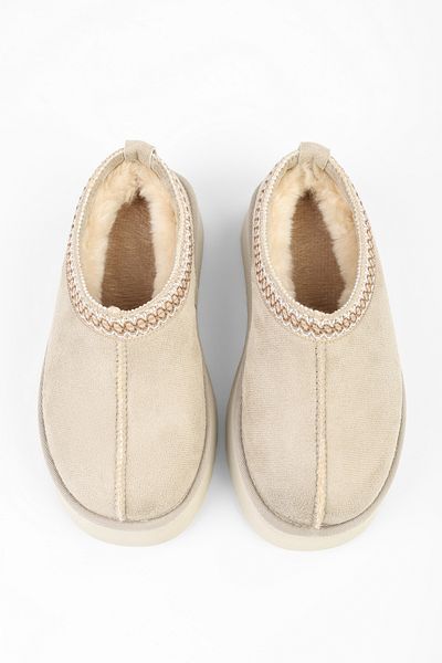 Shoeberry Beige Uggps für Damen - Pelzige kurze Wildlederpantoffeln