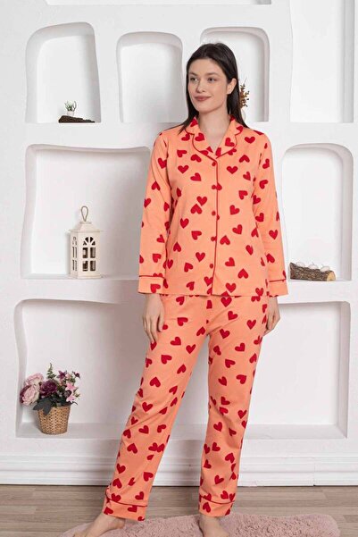 ALİMER Set de pijamale pentru femei cu nasturi în față - model Somon Heart bu...