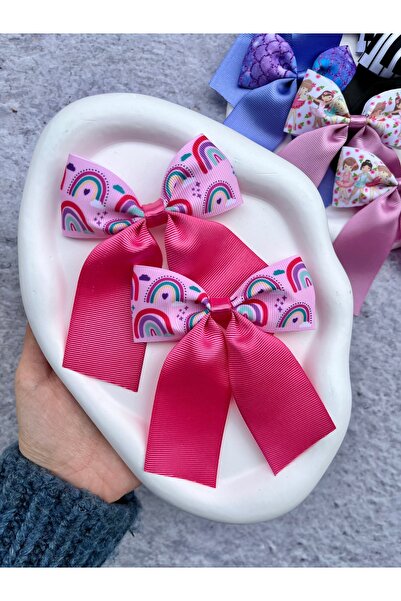 Rainbow Patterned Tail Pink Ribbon Buckle 1 Pair