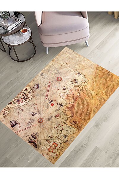 Emiroğlu Gerçek Piri Reis Haritası Şeklinde Süngerli Yüzey Makinede Yıkanabilir Kaymaz Taban Halı