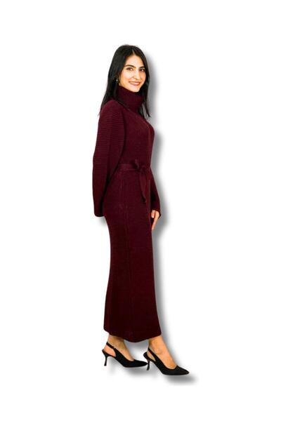 YusGos Long Sleeve Turtleneck Belt Detailed Knitwear Relaxed Fit Midi Dress