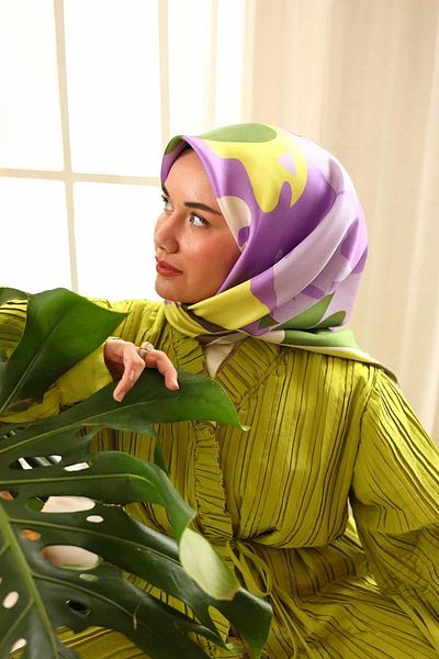 Silk Home Khaki Green Lilac Abstract Floral Patterned Tivil Silk Scarf