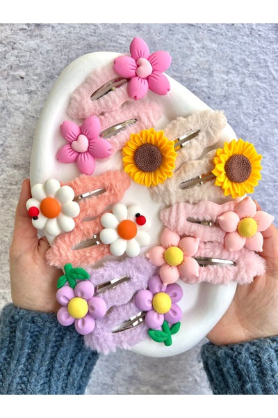 Toka Sepetim Çiçekli Peluş Çıtçıt Toka 1 Çift Büyük Boy