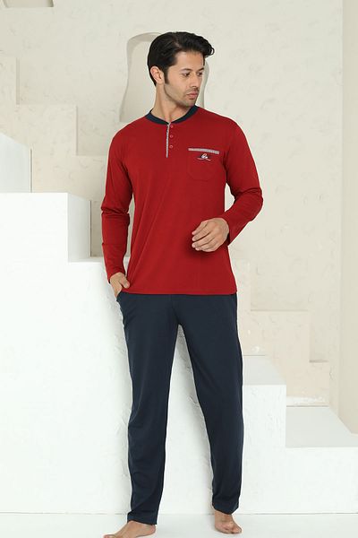 ALİMER Σετ ανδρικές πιτζάμες - Claret Red Crested Lycra Μακρυμάνικο Χτενισμένο Βαμβάκι 1194uy