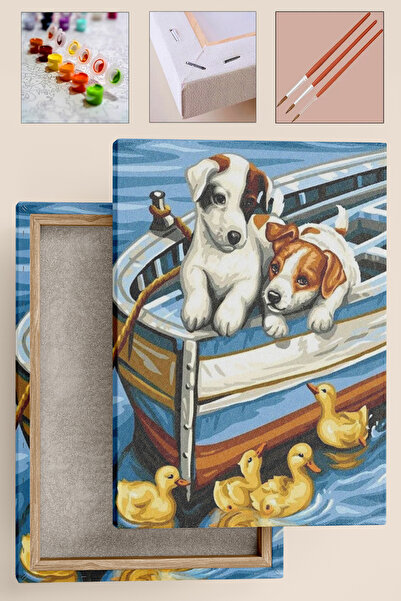 Sayılarla Boyama Seti - Eksiksiz Set - Tuval Seti - Fırça Boya Dahil 40x50 CM - Köpekler ve Ördekler