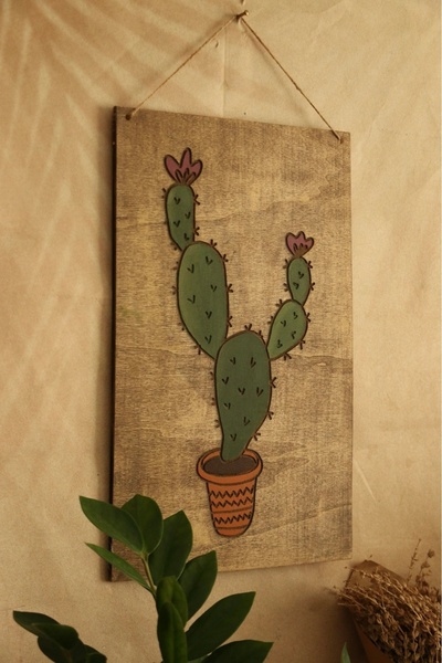 Hoyatap El Boyama Dekoratif Kaktüs Desenli Oyma Motifli Tablo (40*30cm)