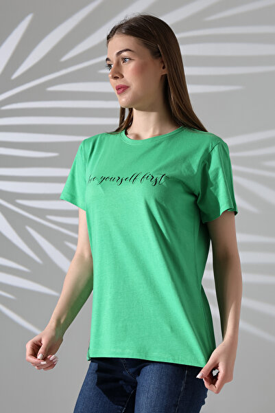 DİVİSTA Γυναικείο κοντομάνικο μπλουζάκι με πράσινη λαιμόκοψη