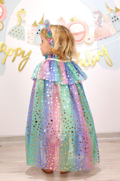 Le Mabelle Multicolored Star Printed Cloak and Crown Set for Girls