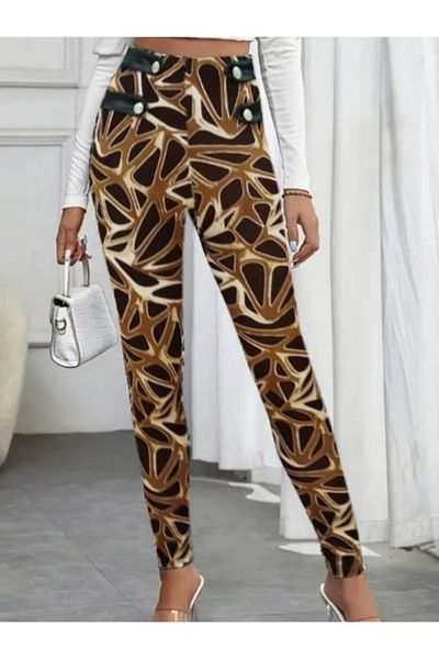 modaserdem Women's High Waist Houndstooth Patterned Side Stripe Button Detailed Diving Pants