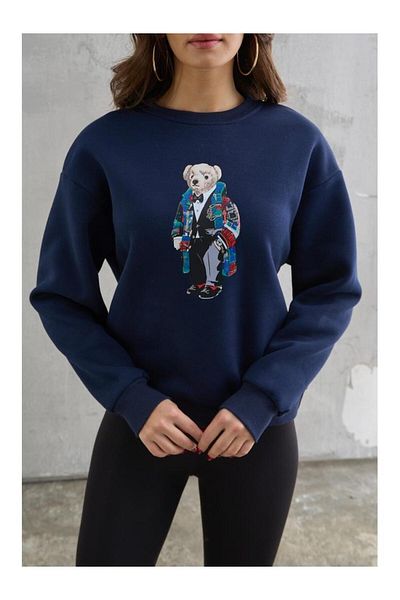 HARMONY GLOBAL Women's Navy Blue Soft Textured Teddy Bear Printed 3 Thread Raised Oversize Sweatshirt