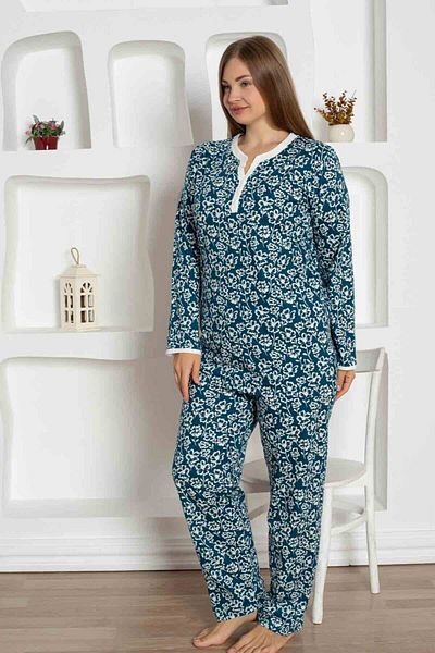 ALİMER Indigo Flower Patterned Large Size Pajama Set 2794Uyb