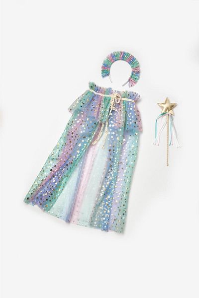 Le Mabelle Multicolored Star Printed Cloak and Crown Set for Girls