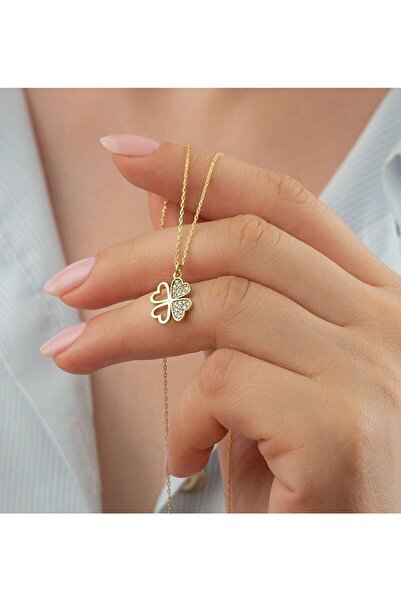Silvano Jewelry 925 Ayar Gold Yonca Zirkon Taşlı Gümüş Kolye